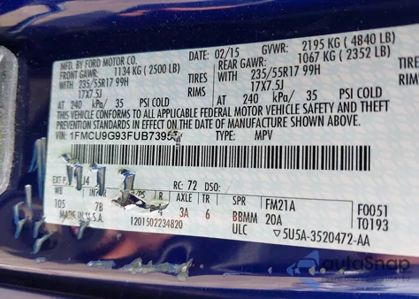 2015 Ford Escape Se z USA, uszkodzony, nr VIN 1FMCU9G93FUB73955